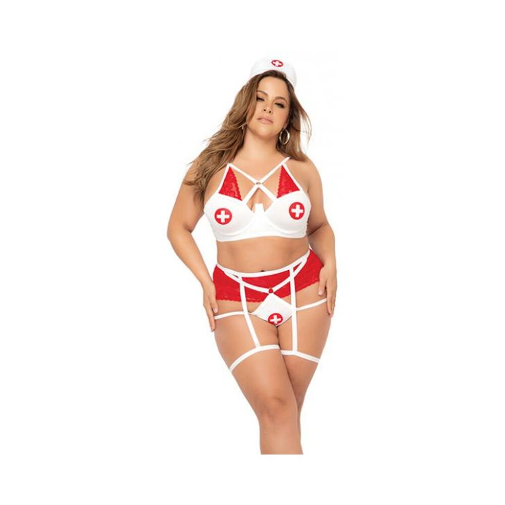 3 Pc Nurse Underwire Top, Open Back Bottom W/attached Garterbelt & Head Piece Red/wht 1x/2x