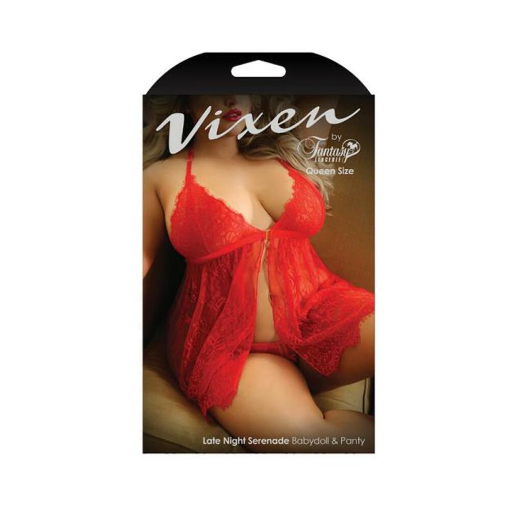 Vixen Late Night Serenade Front Clasp Lace Babydoll & Crotchless G-string Panty Red Queen