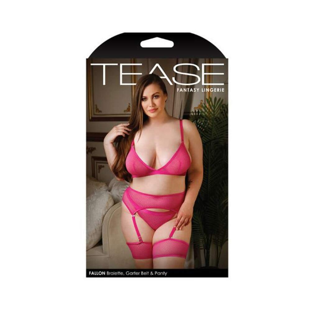 Tease Fallon Bralette, Garter Belt With Leg Garters & Panty Set Pnk 1x/2x