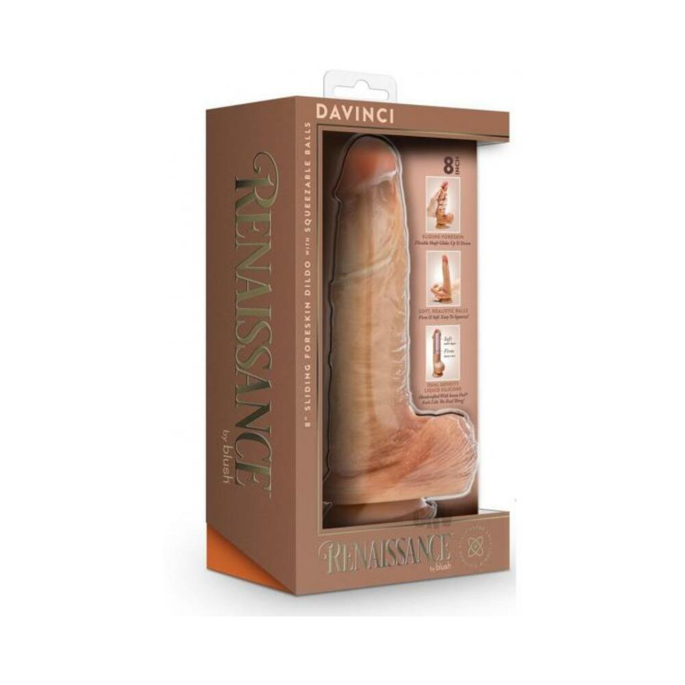 Renaissance Davinci Sliding Foreskin Dildo With Squeezable Balls 8 In. Tan