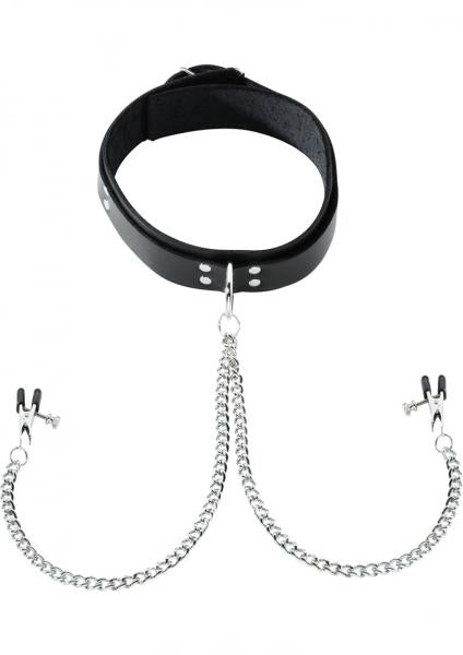 Black Leather Collar With Broad Tip Nipple Clamps
