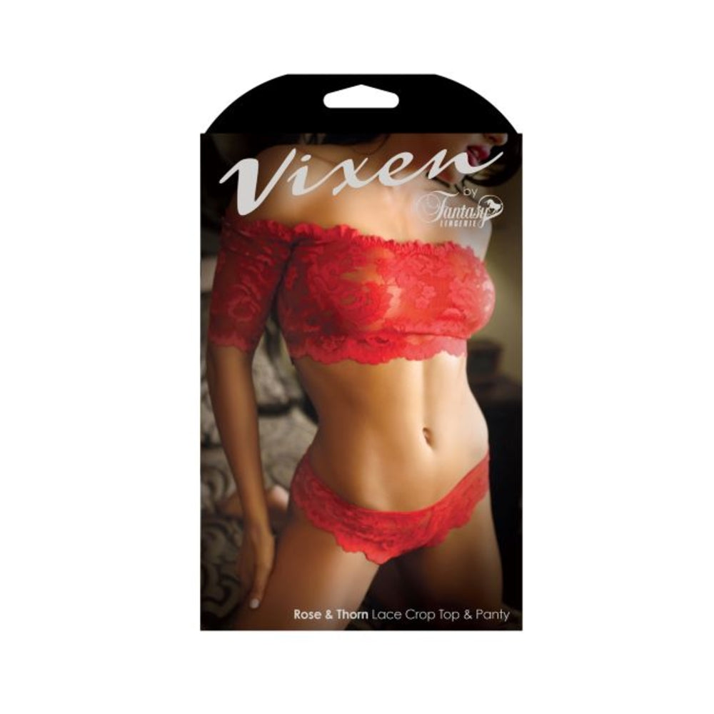 Vixen Rose & Thorn Lace Crop Top & Matching Panty Red One Size