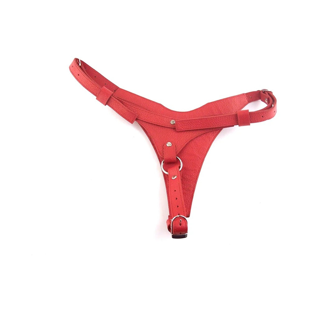 Leather Female Dildo Harness - RED