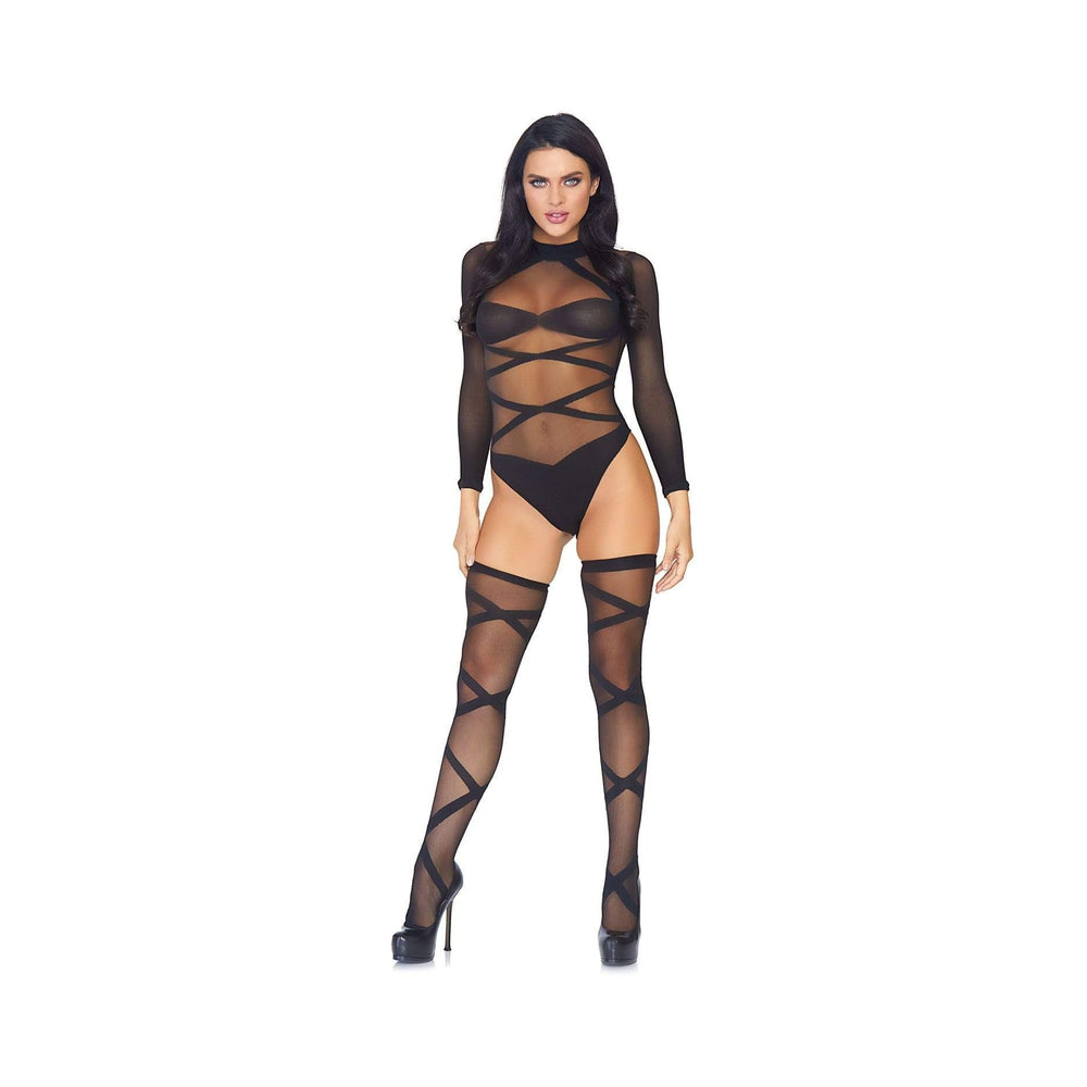 2 Piece Sheer Criss Cross Body Suit & Thigh Highs O/S Black