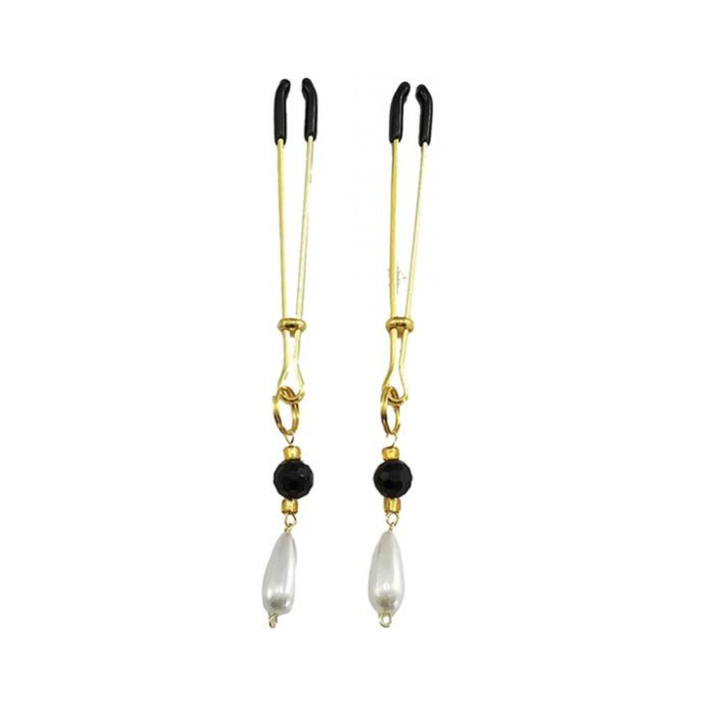Bijoux De Nip Tweezer Nipple Clamp W/black & Gold Beads W/pearl - Gold