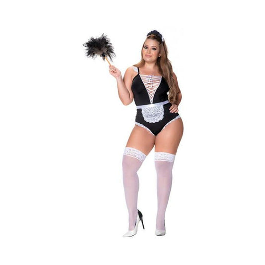 3 Pc French Maid Bodysuit, Apron & Head Piece Black/white 1x/2x