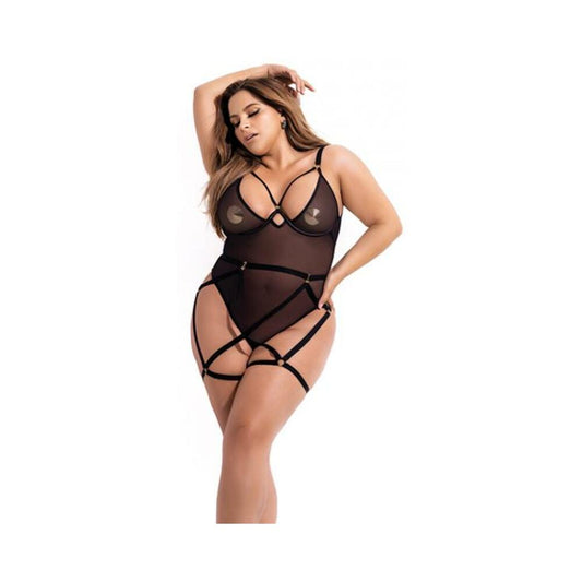 Underwire Mesh Bodysuit W/garterbelt Black 1x/2x