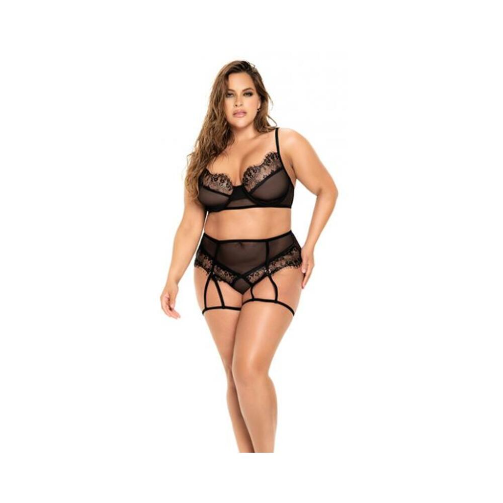 Underwire Mesh & Lace Top W/bottom & Attachable Garters Black 3x/4x