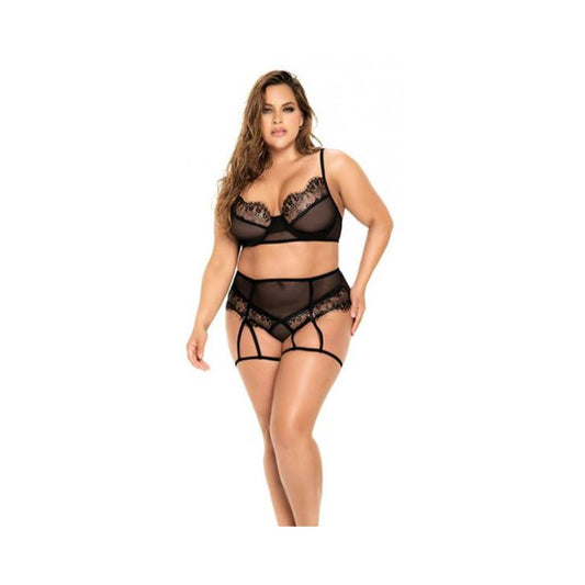 Underwire Mesh & Lace Top W/bottom & Attachable Garters Black 3x/4x