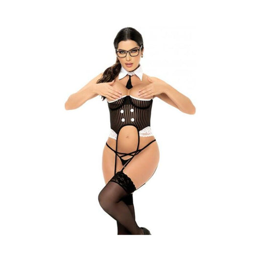 3 Pc Ceo Open Cup Bodysuit W/attached Garterstraps, Bottom & Collar W/tie Blk/wht Xl