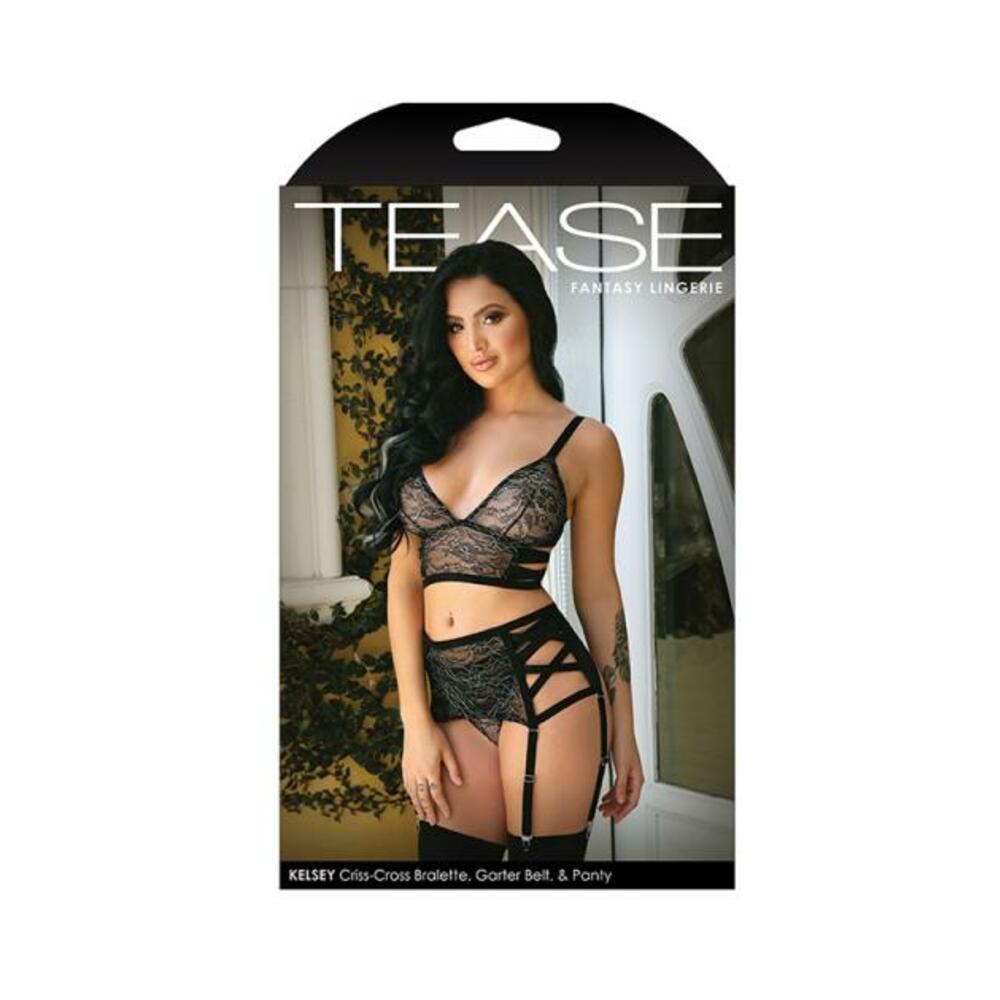 Tease Kelsey Criss-cross Metallic Lace Bralette, Garter Belt, & Panty Black S/m