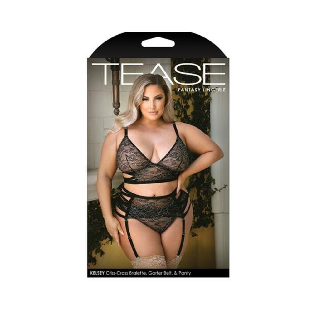 Tease Kelsey Criss-cross Metallic Lace Bralette, Garter Belt, & Panty Black 1x/2x