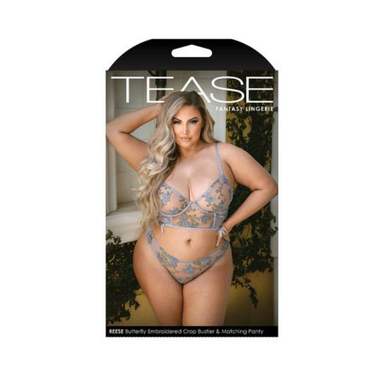 Tease Reese Butterfly Embroidered Mesh Bustier Top With Ribbon Lace-up Detail & Matching Panty With