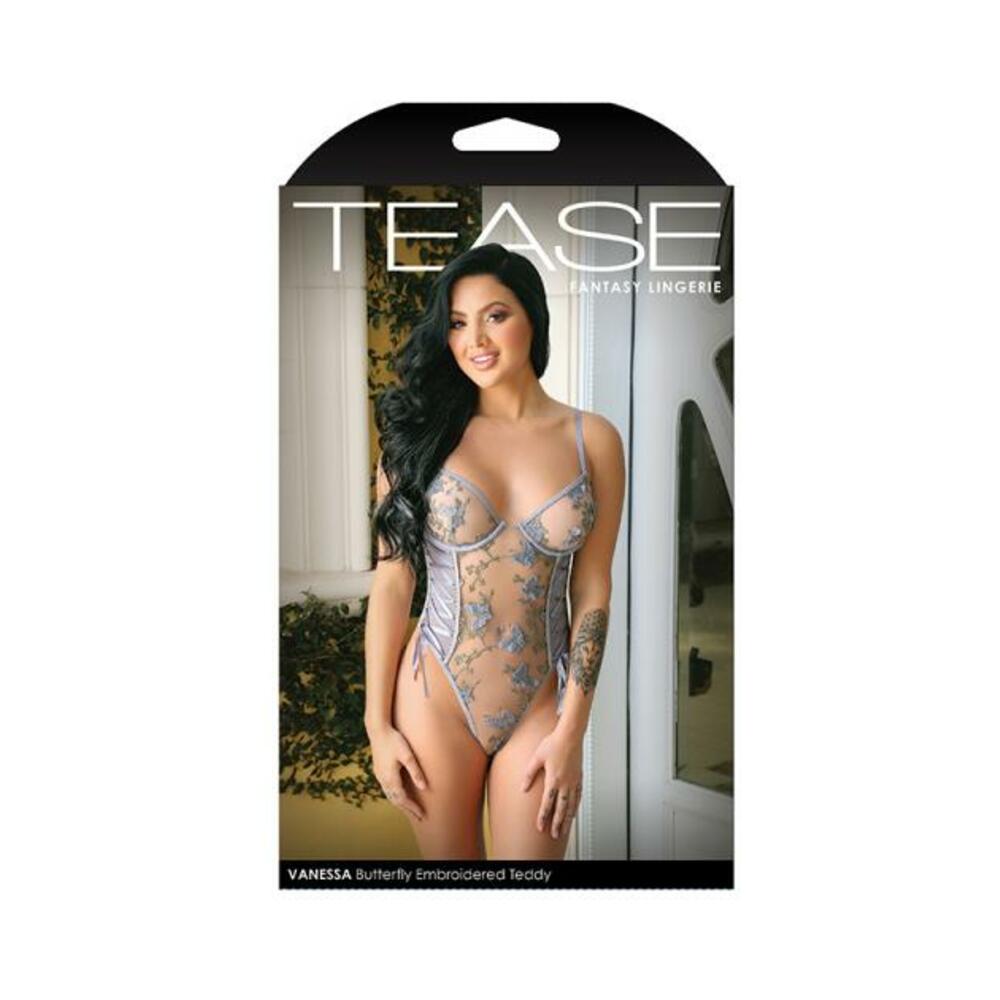 Tease Vanessa Butterfly Embroidered Mesh Teddy With Ribbon Lace-up Detail And Snap Closure Perwinkle