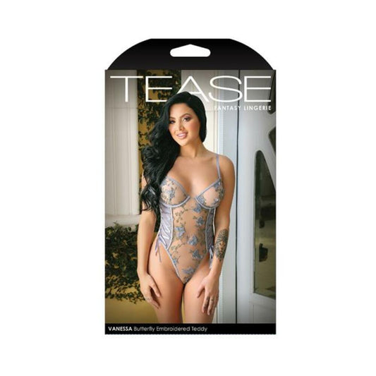 Tease Vanessa Butterfly Embroidered Mesh Teddy With Ribbon Lace-up Detail And Snap Closure Perwinkle