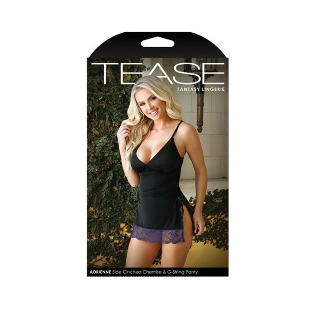 Tease Adrienne Side-cinched Microfiber Chemise With Floral Lace Trim & G-string Panty Black L/xl