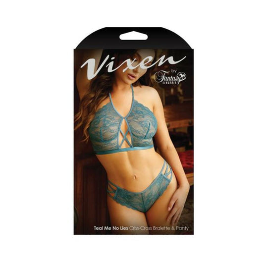 Vixen Teal Me No Lies Criss-cross Lace Halter Bralette & Matching Panty Teal O/s