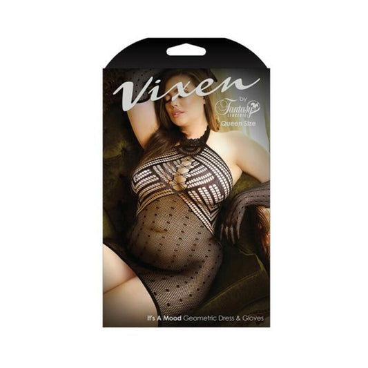 Vixen It's A Mood Geometric Halter Dress & Matching Gloves Black Queen