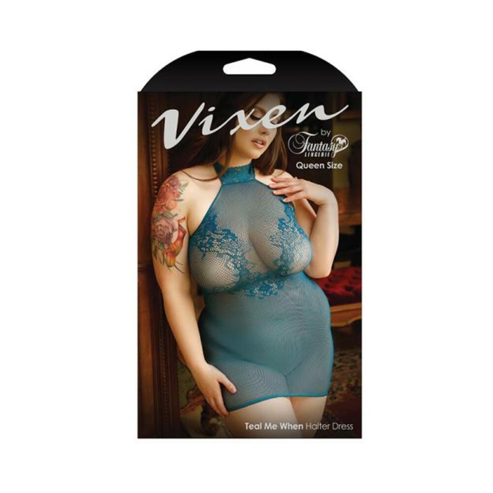 Vixen Teal Me When Halter Net Dress With Floral Lace Design Teal Queen