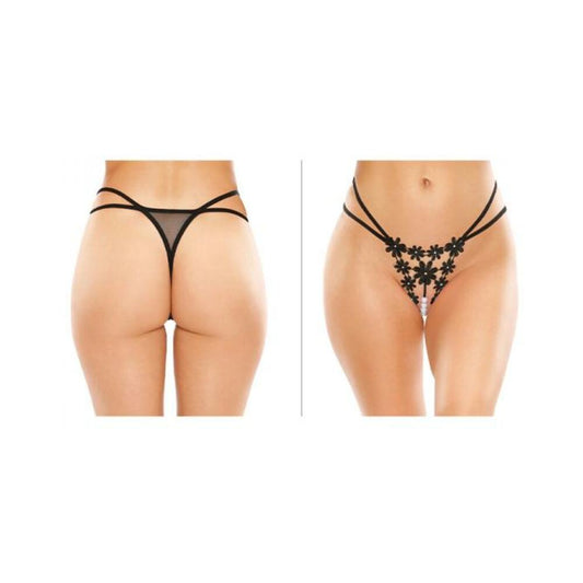 Aster Crotchless Strappy Flower Pearl Thong Black L/xl