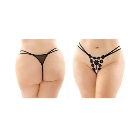 Aster Crotchless Strappy Flower Pearl Thong Black Queen