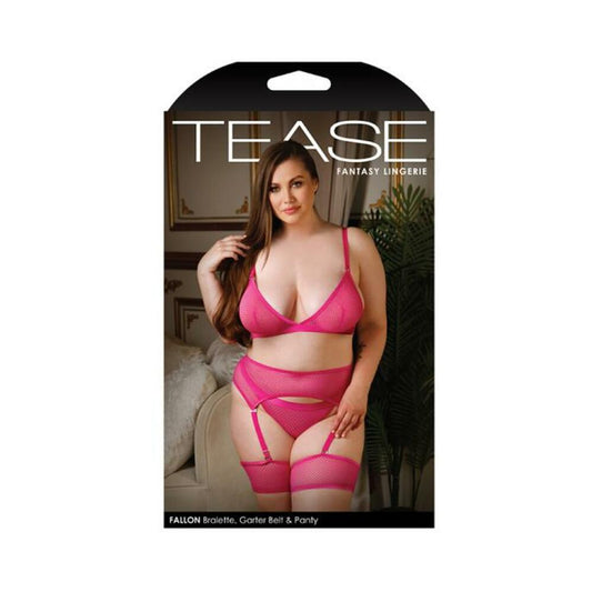 Tease Fallon Bralette, Garter Belt With Leg Garters & Panty Set Pnk 1x/2x