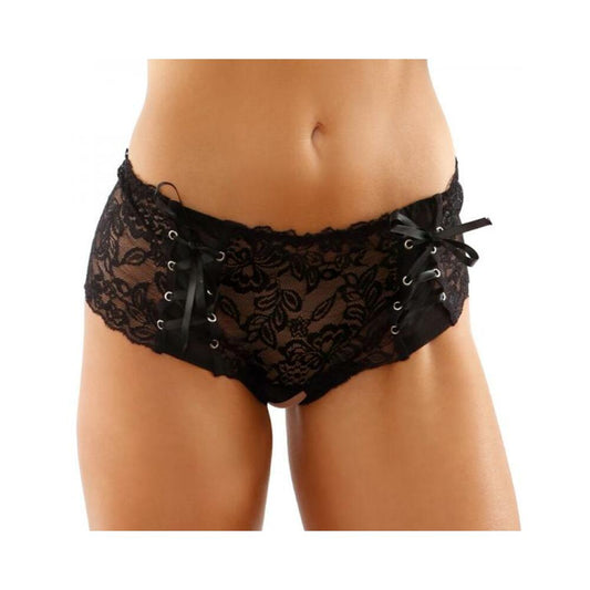 Magnolia Crotchless Lace Boyshort With Lace-up Panel Details Black L/xl