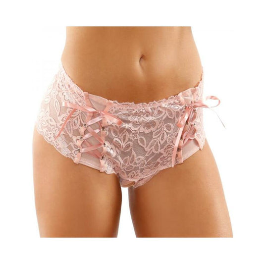 Magnolia Crotchless Lace Boyshort With Lace-up Panel Details Light Pink L/xl