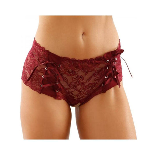 Magnolia Crotchless Lace Boyshort With Lace-up Panel Details Garnet S/m