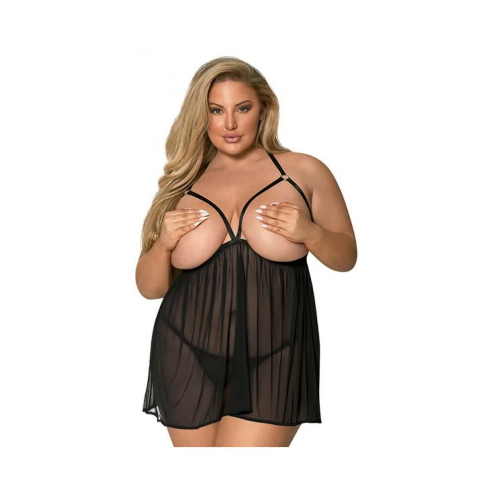 Magic Silk Sassy Cupless Babydoll & Crotchless Panty Set Black Queen