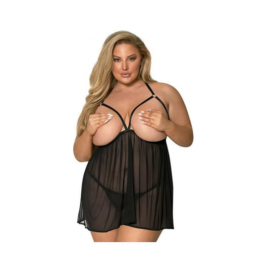 Magic Silk Sassy Cupless Babydoll & Crotchless Panty Set Black Queen