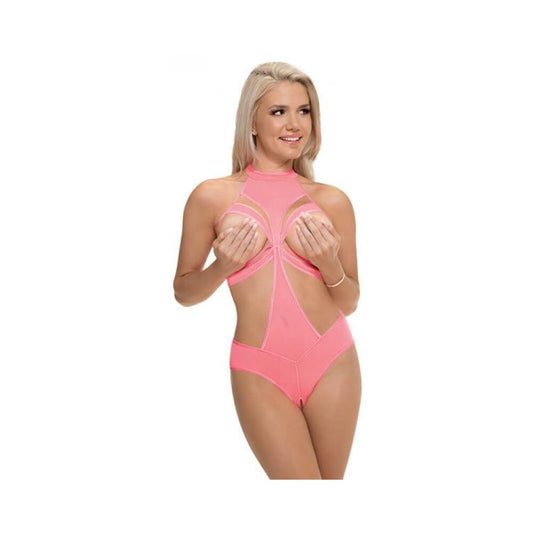 Magic Silk Forever Mesh Cupless & Crotchless Halter Teddy With Split-back Coral S/m