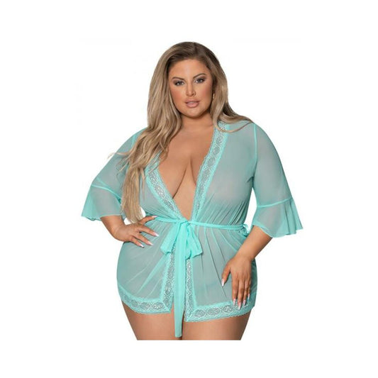 Magic Silk Seabreeze Robe W Lace Trim Turquoise Queen  Size