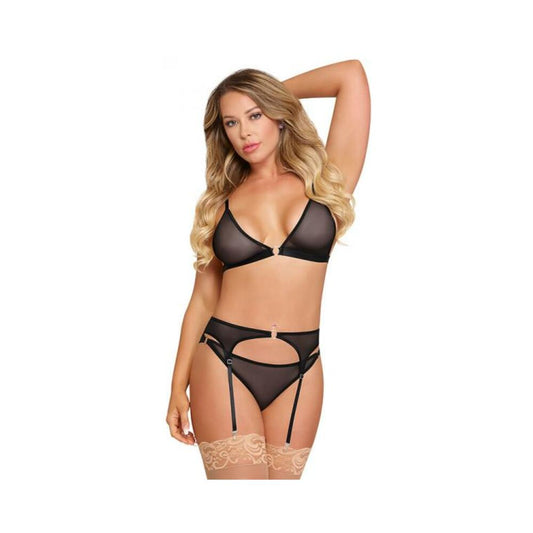 Magic Silk Sassy Bra, Garter & Rouched Panty Black S/m