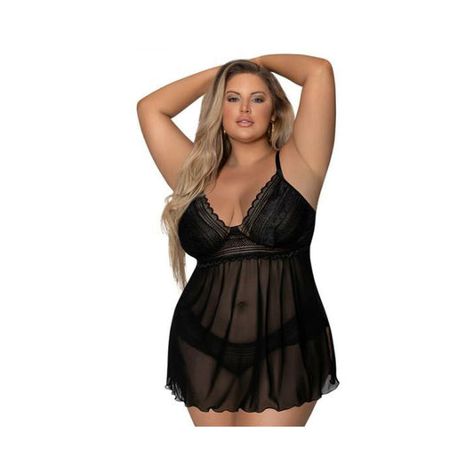 Magic Silk Modern Romance Baby Doll & Thong Black Queen Size