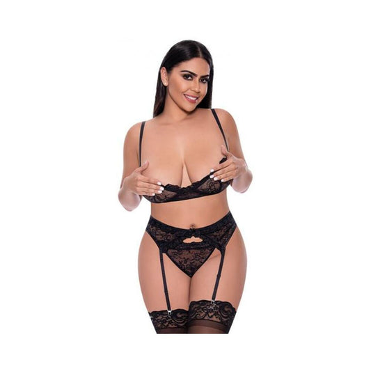 Magic Silk Ooh La Lace Demi Bra, Garter & Tanga Set Black Queen