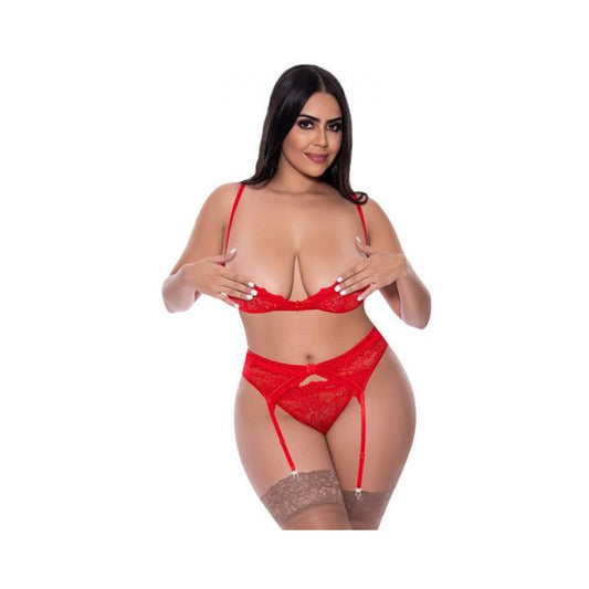 Magic Silk Ooh La Lace Demi Bra, Garter & Tanga Set Red Queen