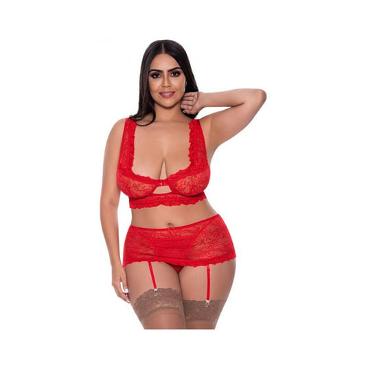 Magic Silk Ooh La Lace Bralette, Garter Skirt & G-string Set Red Queen