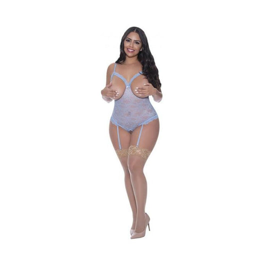 Magic Silk Ooh La Lace Cupless & Crotchless Teddy Periwinkle Queen Size
