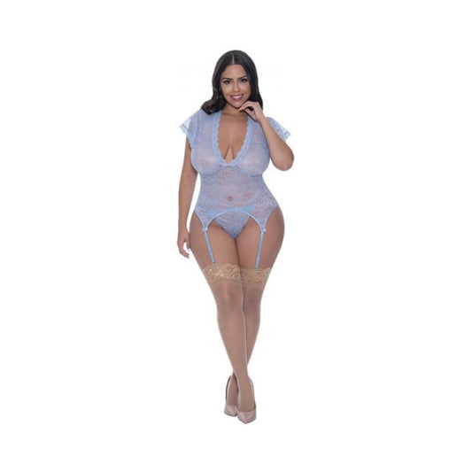 Magic Silk Ooh La Lace Cap Sleeve Basque & Tanga Set Periwinkle Queen Size