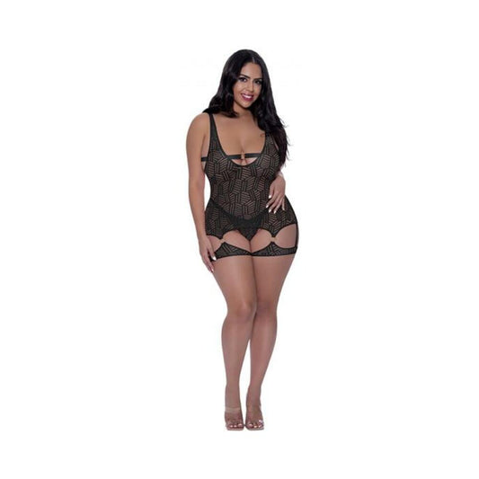 Magic Silk Rude Awakening Stirrup Chemise & Split Crotch Panty Set Black Queen Size