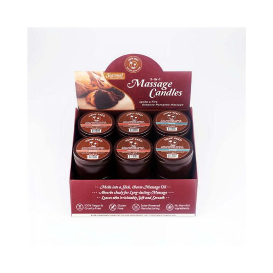 Earthly Body Hemp Seed Holiday Candle Display Includes: 4 Of Each Hemp Seed 3-in-1 Massage Candle 6