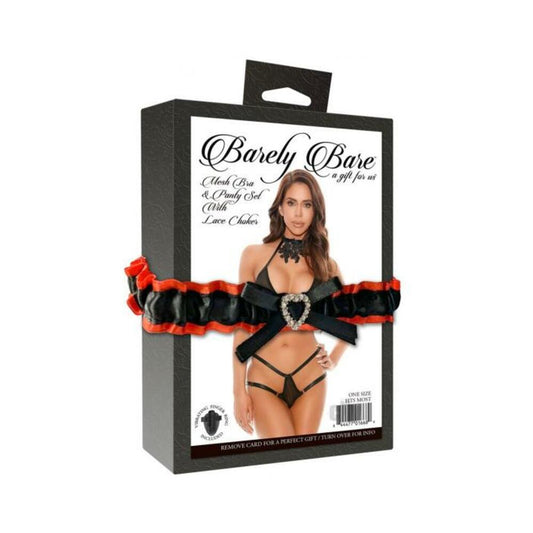 Barely Bare Mesh Bra & Panty Set With Lace Choker Black O/s