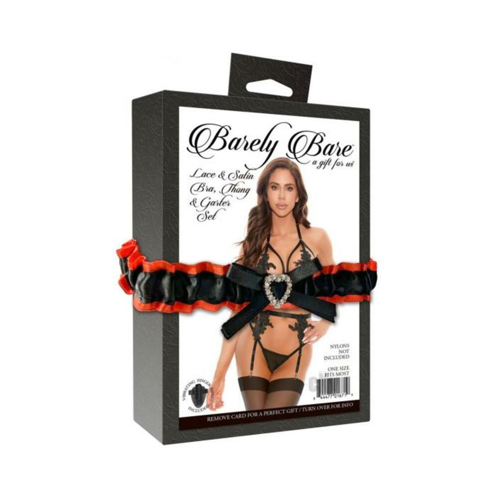 Barely Bare Lace & Satin Bra, Thong & Garter Set Black O/s