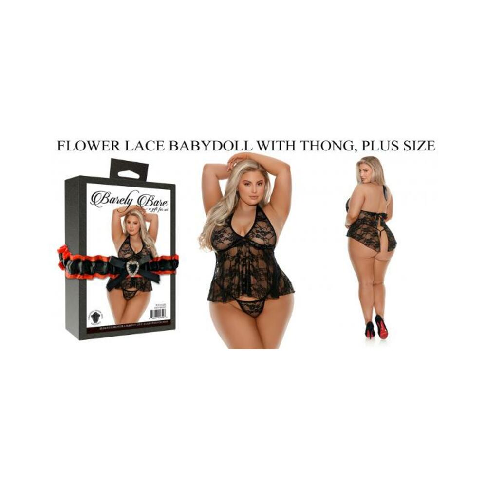 Barely Bare Flower Lace Babydoll With Thong Plus Size Black