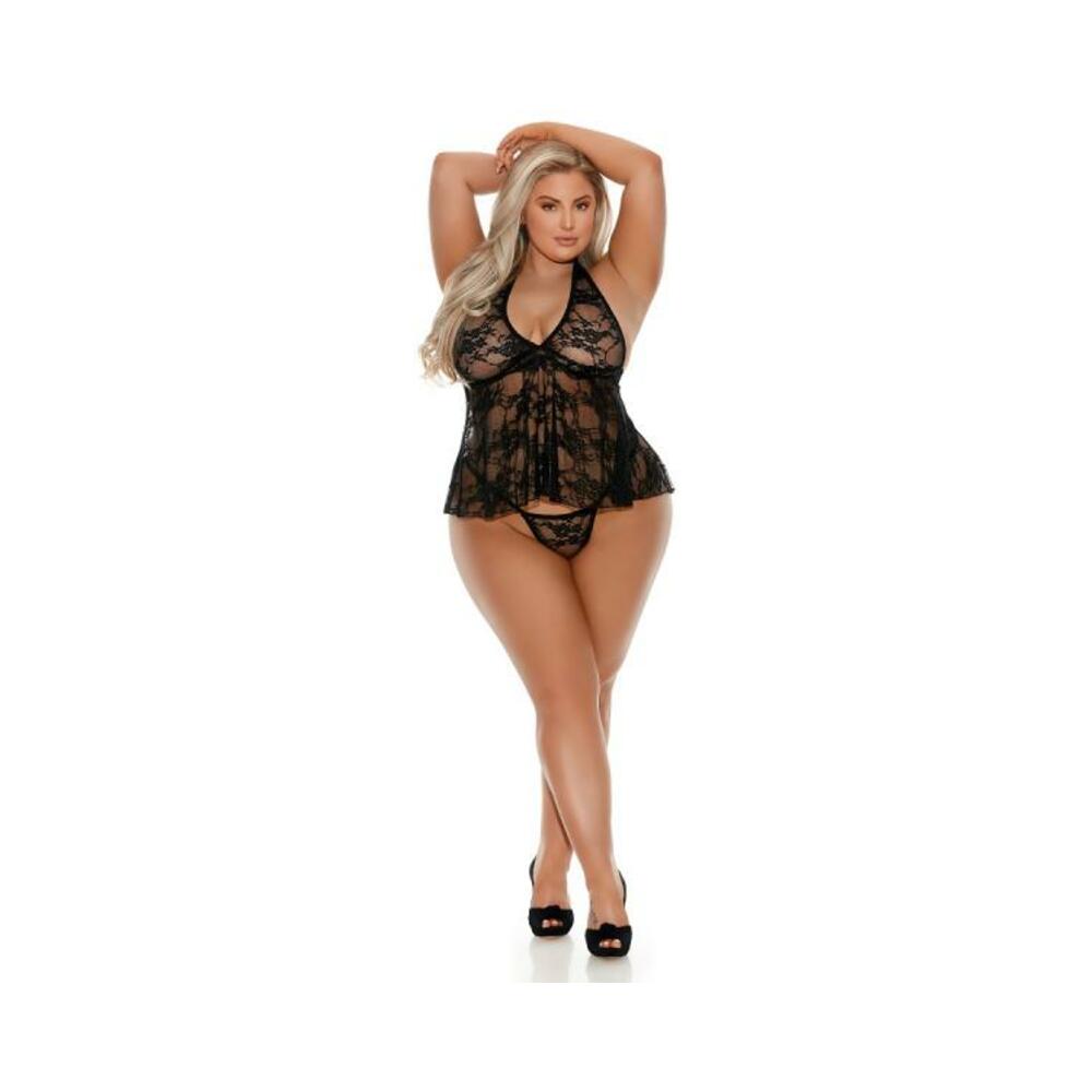 Barely Bare Flower Lace Babydoll With Thong Plus Size Black