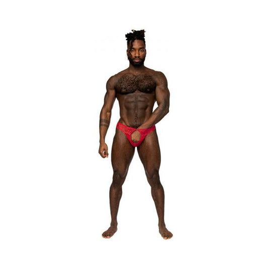 Male Power Sassy Lace Open Ring Thong Red S/m