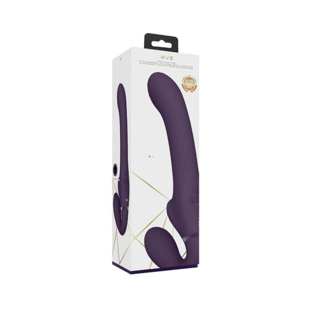 Vive Ai Rechargeable Dual Vibrating & Air Wave Tickler Silicone Strapless Strapon Purple
