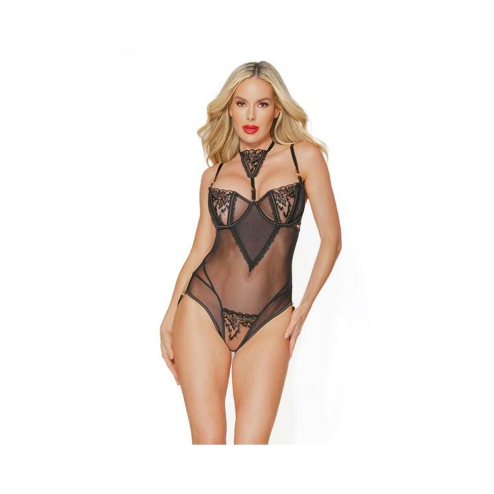 Black Label Crotchless Teddy Black/rose Gold Small