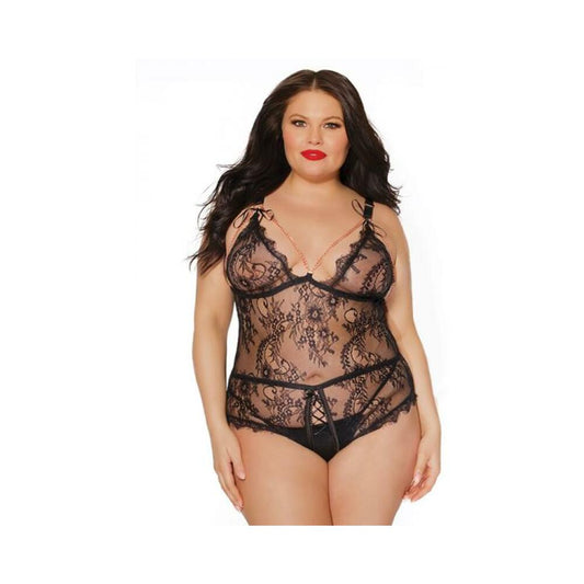 Black Label Crotchless Teddy With Tie-up Triangle Cups Black/rose Gold Osq